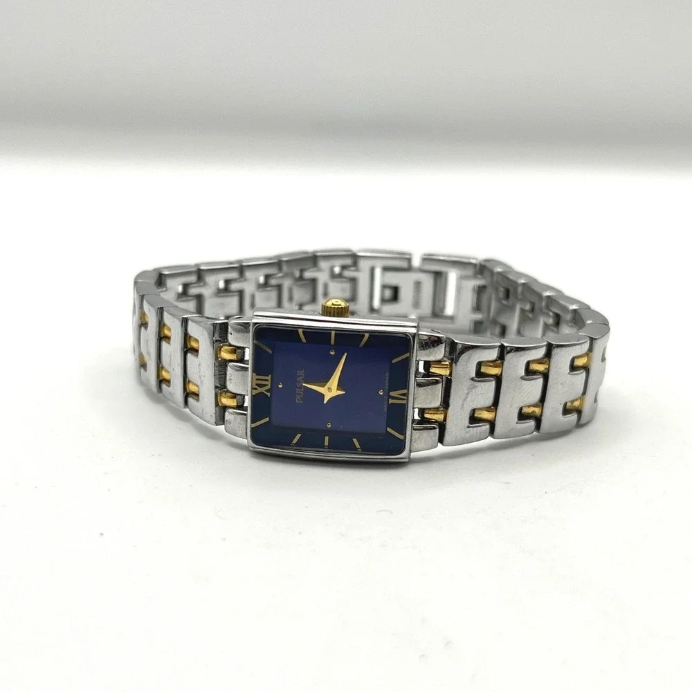 Pulsar Two Tone Stainless Steel Blue Dial Rectangular Watch 1N00-X029